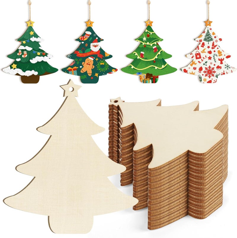 Sophena Wooden Christmas Tree Ornaments to Paint Christmas Thanksgiving Decoration Cutouts Unfinished 24PCS 3.5 x 3 inches, DIY Blank Unfinished Christmastree Wood Discs Ornament for Home Crafts Hanging - Image 1